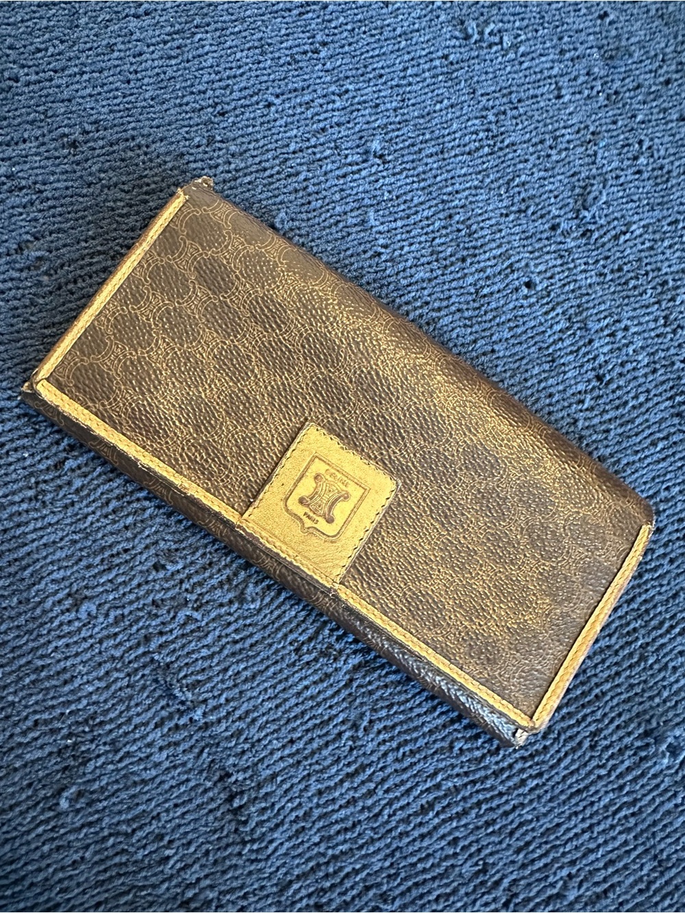 Vintage Celine Project Brown Leather Trifold Wallet with Gold Trim